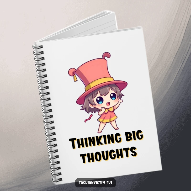 Funny notebook cover featuring a character posing dramatically with a towering, brightly colored hat, representing big ideas.