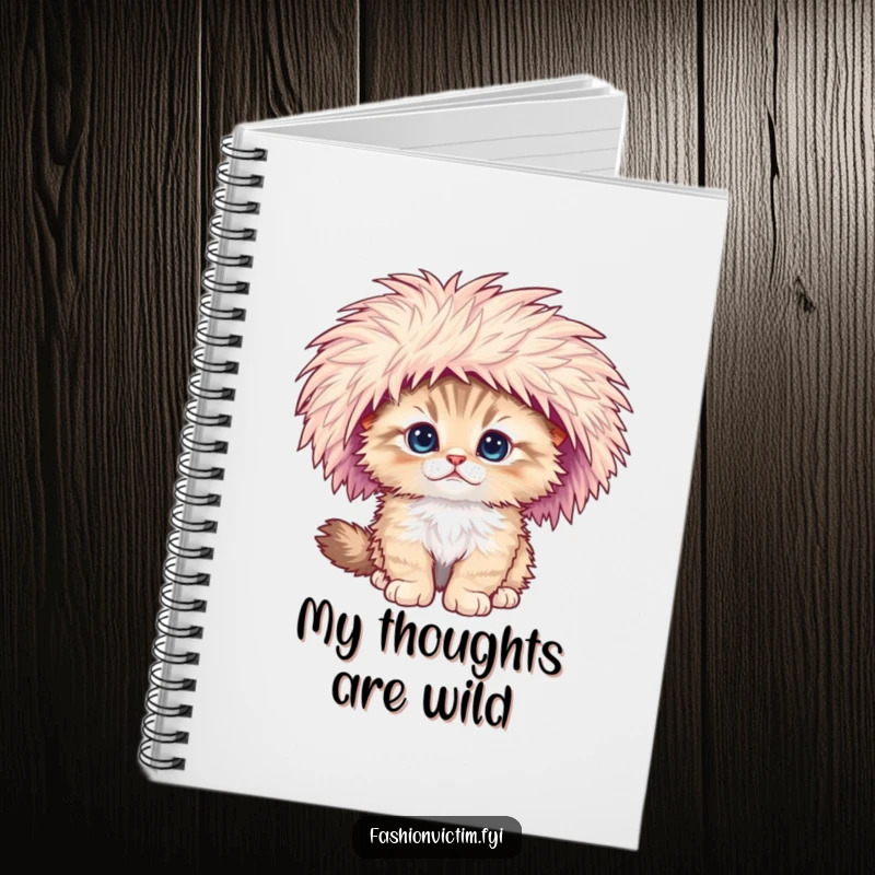 Funny notebook with a fluffy kitten falling over, wearing a large feathered hat, ready for notes.