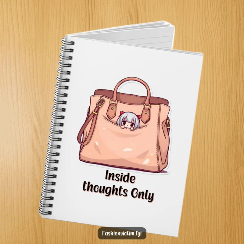 Funny notebook cover featuring a tiny character peeking from a large, stylish handbag with minor damage, a humorous item for note-taking.