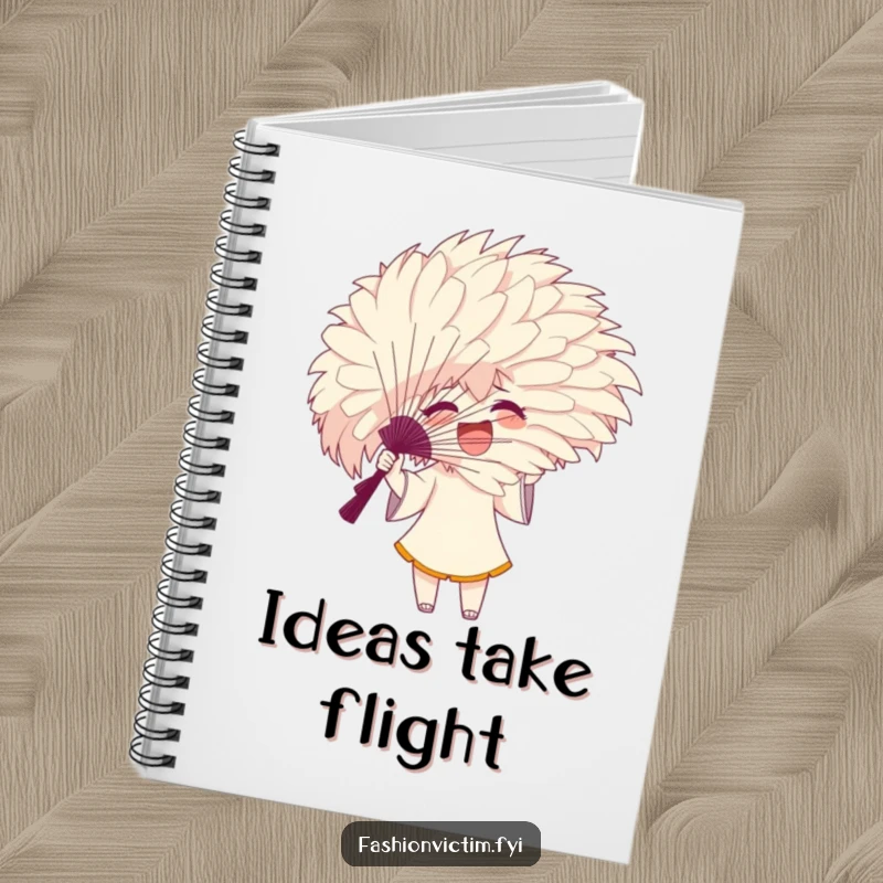 Funny notebook with an excited character gesturing with a huge, feathery fan that obscures their face, for notes.