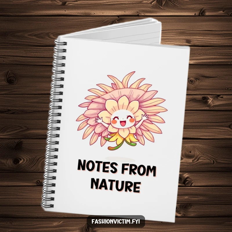 Funny flower character twirling in a huge feathered hat, displayed on the cover of a whimsical notebook.