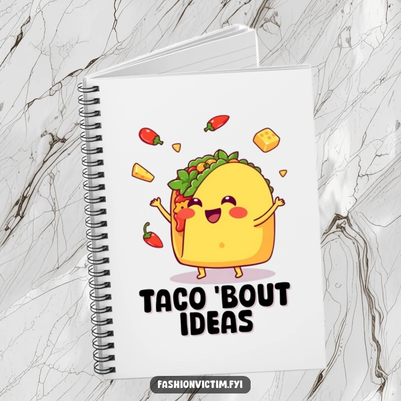 Funny Kawaii taco notebook, a smiling taco juggling, ideal for writing, drawing, and spreading humor.