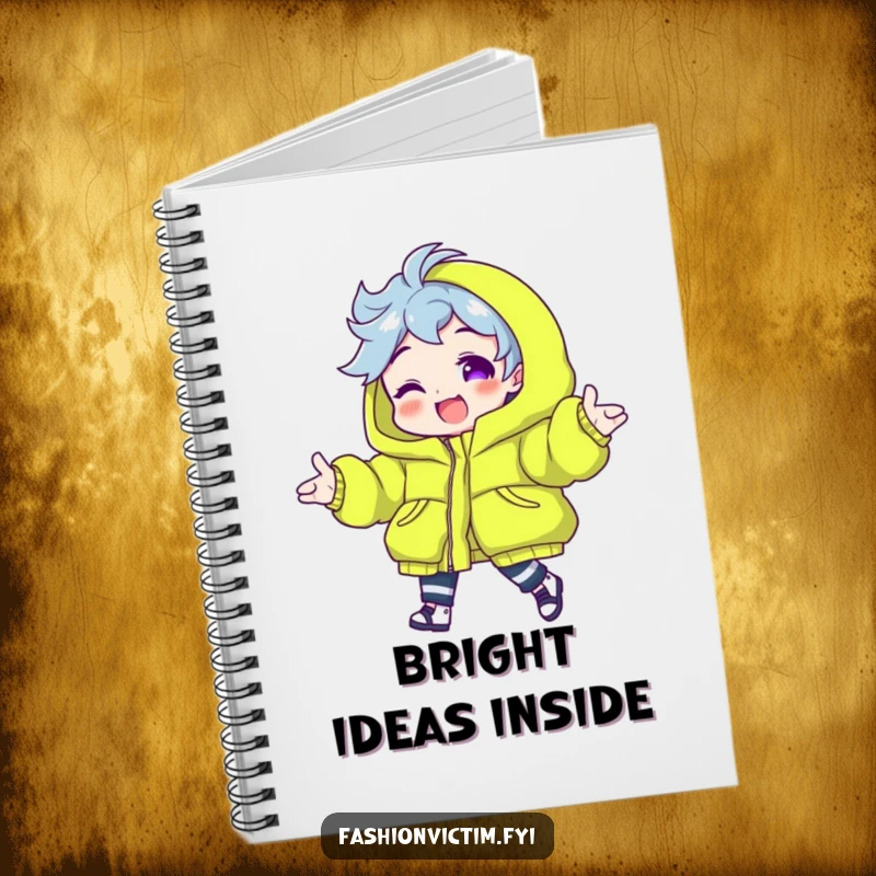 Funny notebook with a character modeling a neon green puffy jacket, perfect for notes, fashion ideas, and creative thoughts.