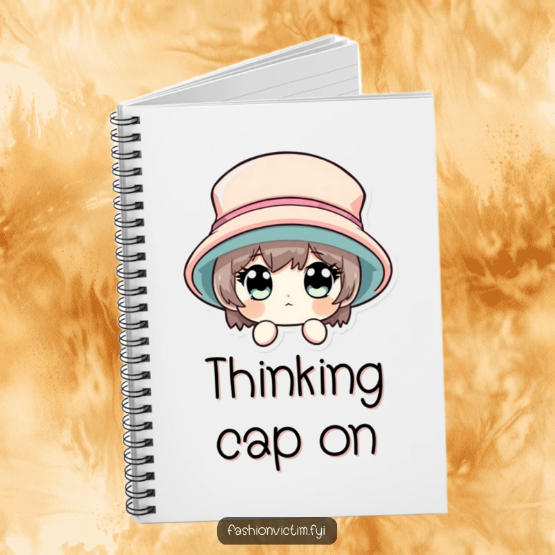 Funny notebook with a character's wide eyes peeking from behind a large, stylish hat, for writing.