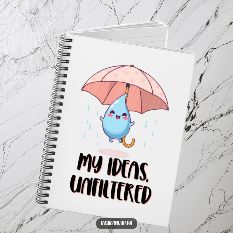 Funny Notebook design with a playful raindrop character happily bouncing on a patterned umbrella, great for writing.