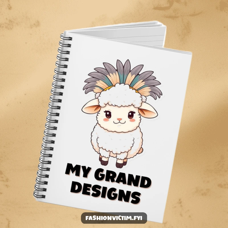 Funny sheep notebook, a fluffy sheep wearing an elaborate feathered hat, perfect for writing and sketching.