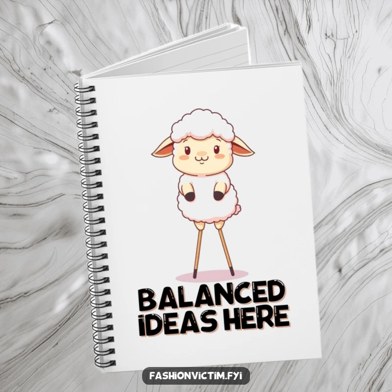 Funny notebook cover featuring a fluffy sheep comically attempting a balancing act on stilts.