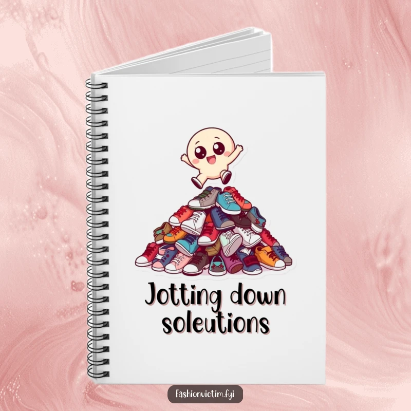 Funny notebook with a small, round character with big eyes joyfully leaping over a towering pile of mismatched shoes.