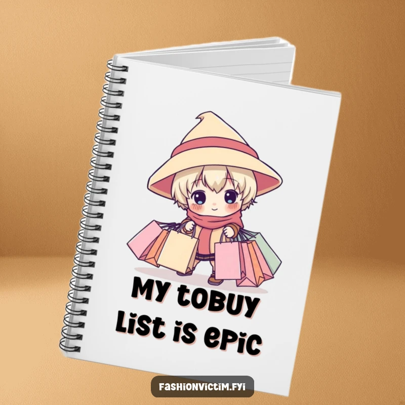 Funny notebook cover showing a child character in an oversized hat tripping with shopping bags, a humorous item for note-taking.