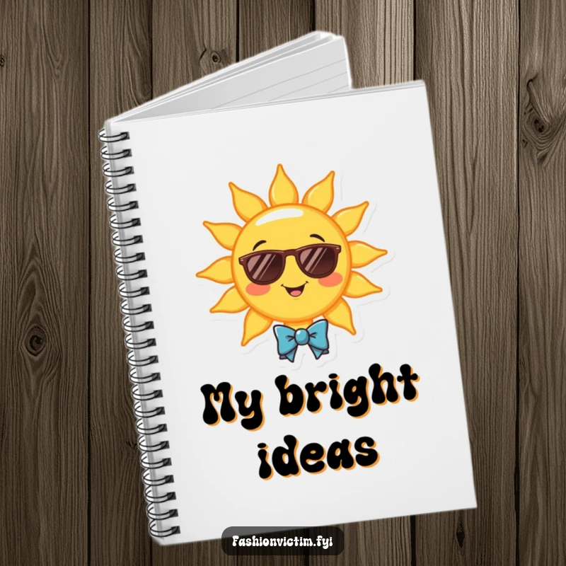 Funny notebook with a cheerful smiling sun wearing sunglasses and a bowtie. Humorous journal for bright ideas.