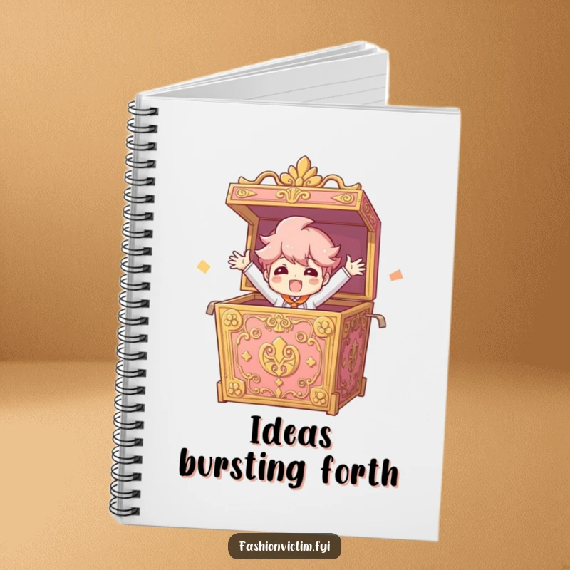 Funny Notebook with a character bursting from an ornate box with arms outstretched, perfect for recording ideas.