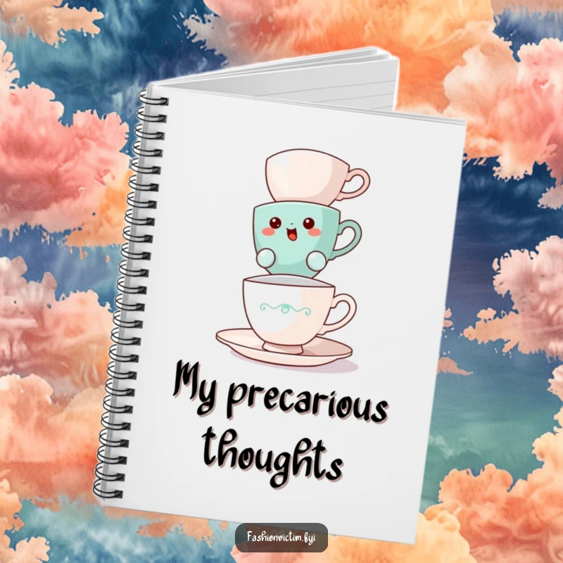 Funny teacup notebook, a bewildered teacup precariously balancing teacups, perfect for writing.