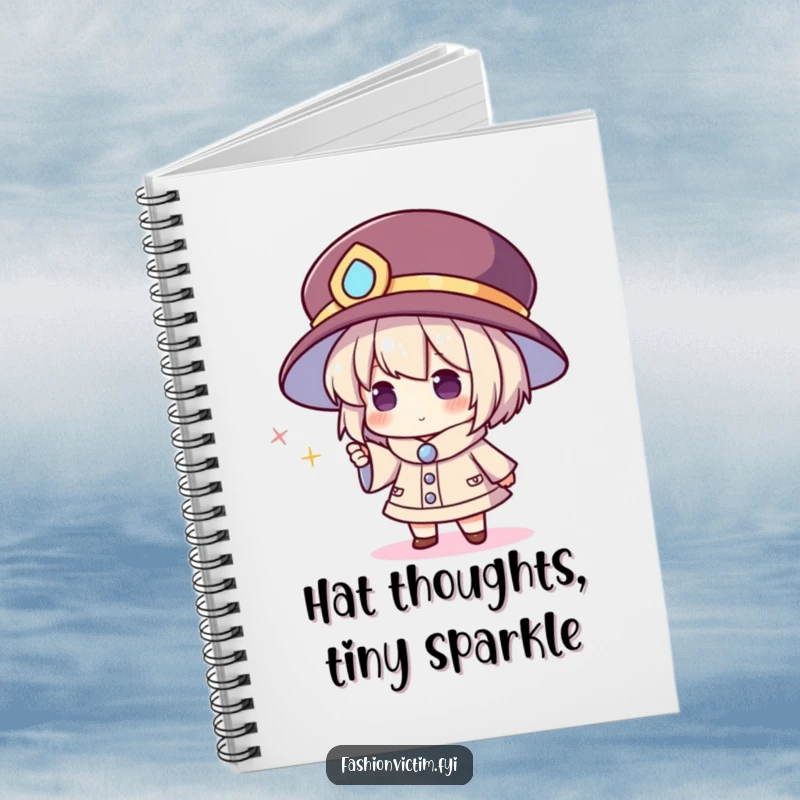 Funny notebook cover with a character in a giant hat pointing at a tiny, sparkling accessory, encouraging grand thoughts and ideas.
