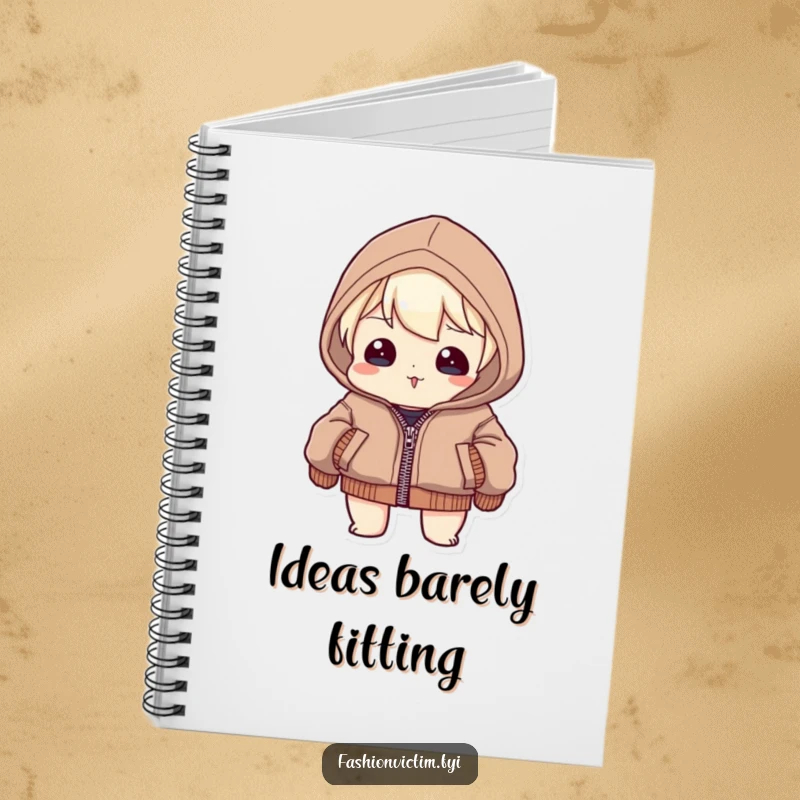 Funny Notebook: Character straining to zip an impossibly small jacket, seams stretched, perfect for humorous note-taking.