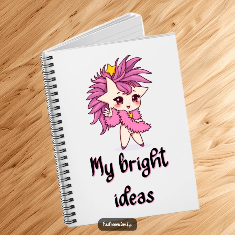 Funny Notebook cover featuring a tiny star character striking a glamorous pose with a large feather boa. Inspiring and chic.