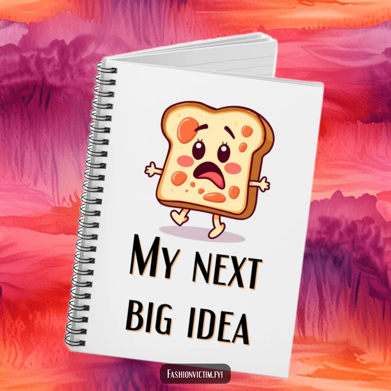 Funny notebook with a surprised toast slice with jam, attempting to walk a fashion runway.