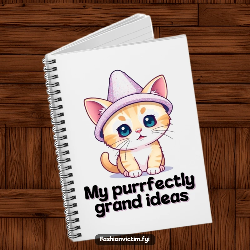 Funny notebook cover with a tiny cat adorably trying on a dazzling, oversized, sparkly hat; perfect for jotting down stylish notes.