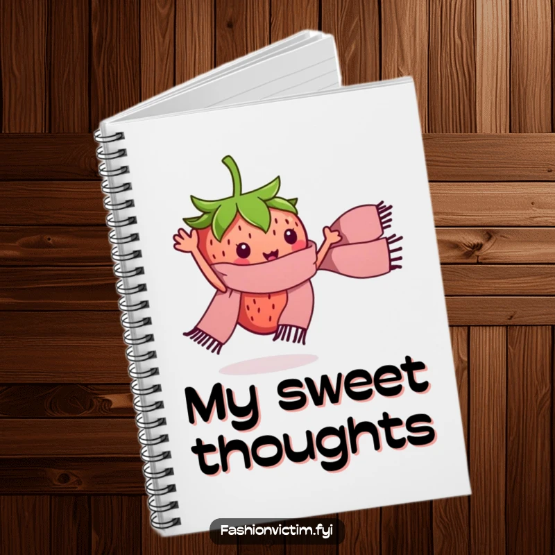 Funny notebook with a tiny strawberry character waving a miniature stylish scarf. Humorous journal for sweet ideas.