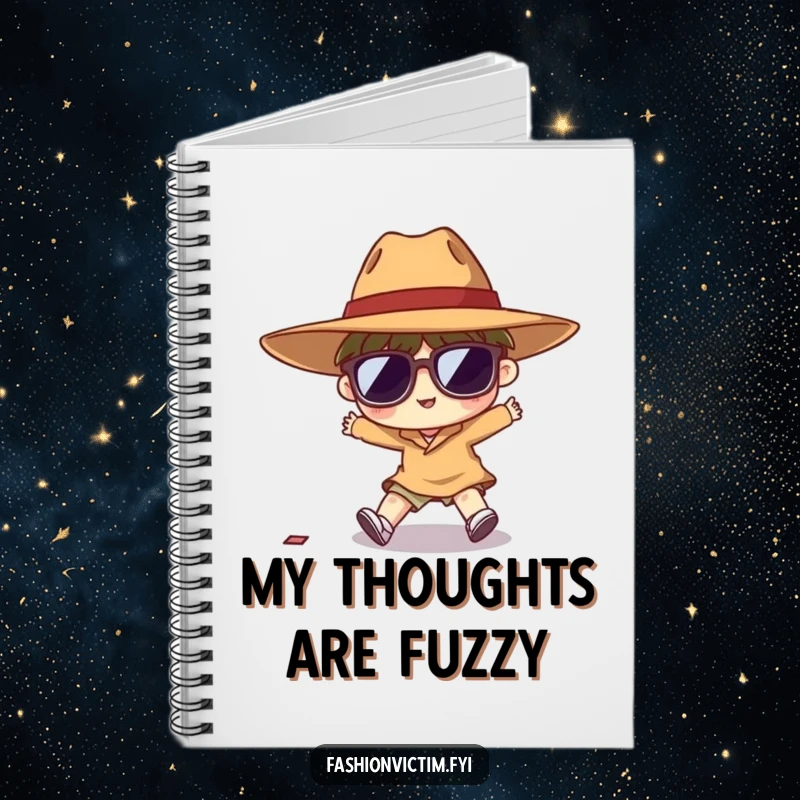 Funny notebook cover with a tiny character hilariously tripping, wearing a giant hat and oversized sunglasses, ready for notes.