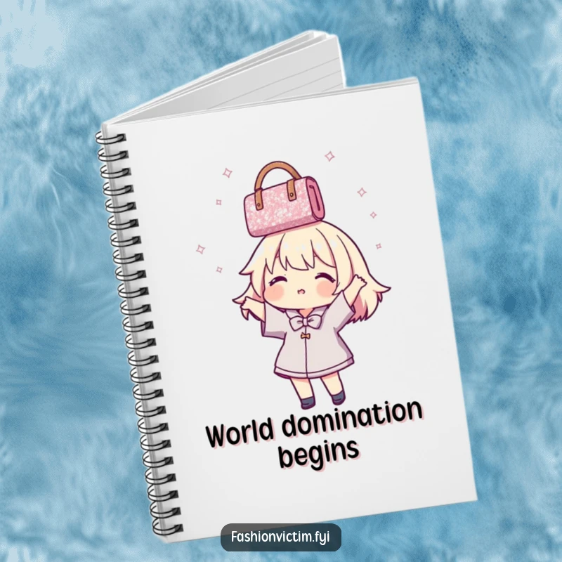 Funny Notebook with a design of a dynamic character playfully spinning a dazzling glittery handbag, perfect for jotting down thoughts.