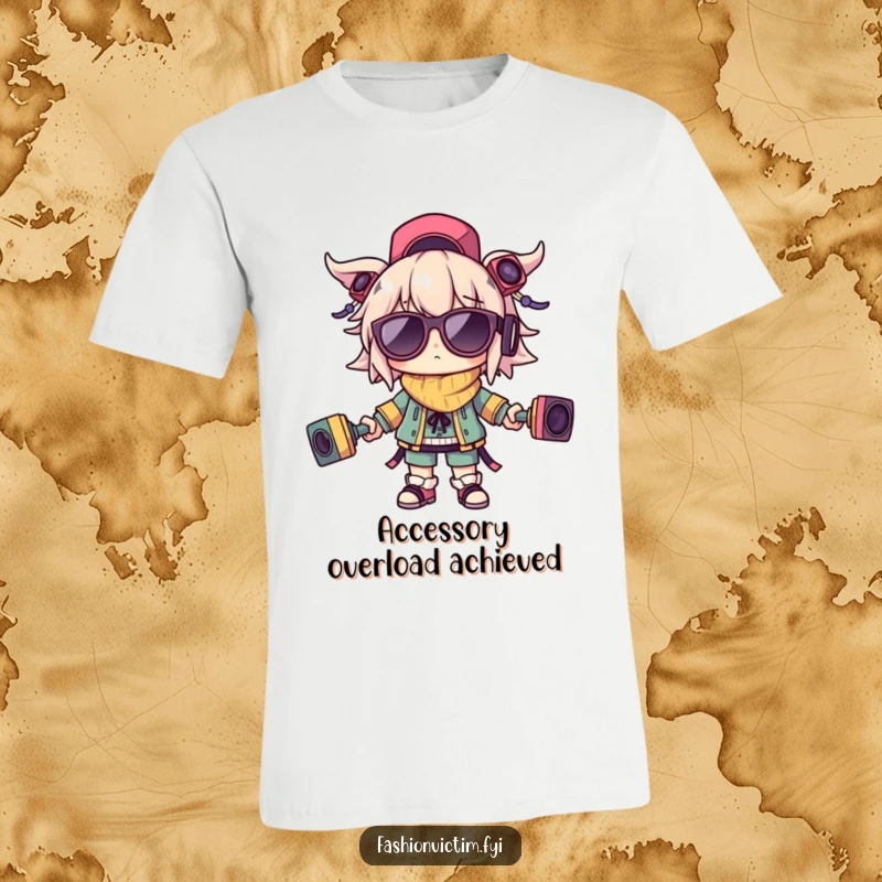 Funny t-shirt with a character attempting to balance several outlandish accessories, representing a chaotic and humorous personality.