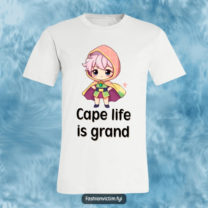 Funny t-shirt showing a proud character showcasing a brightly patterned, oversized cape billowing behind them, exuding confidence.