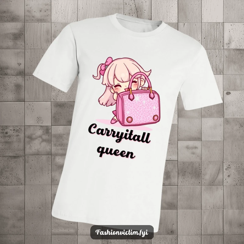 Funny t-shirt showing a character comically overwhelmed by a giant, glittering handbag, perfect for fashionistas.