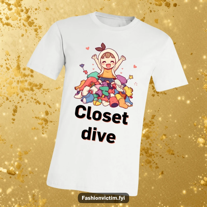 Funny t-shirt graphic of a character exuberantly jumping into a massive, vibrant pile of mismatched clothing, celebrating the chaos of laundry.