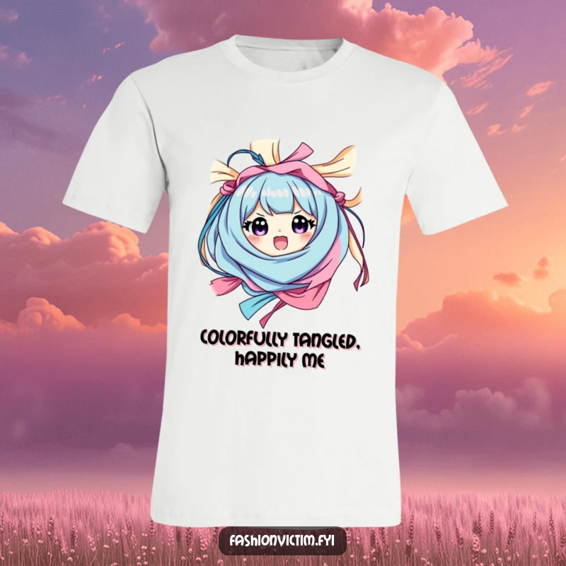 Funny t-shirt depicting a character happily ensnared in vibrant fabrics, beaming with surprised delight, showcasing joyful entanglement.