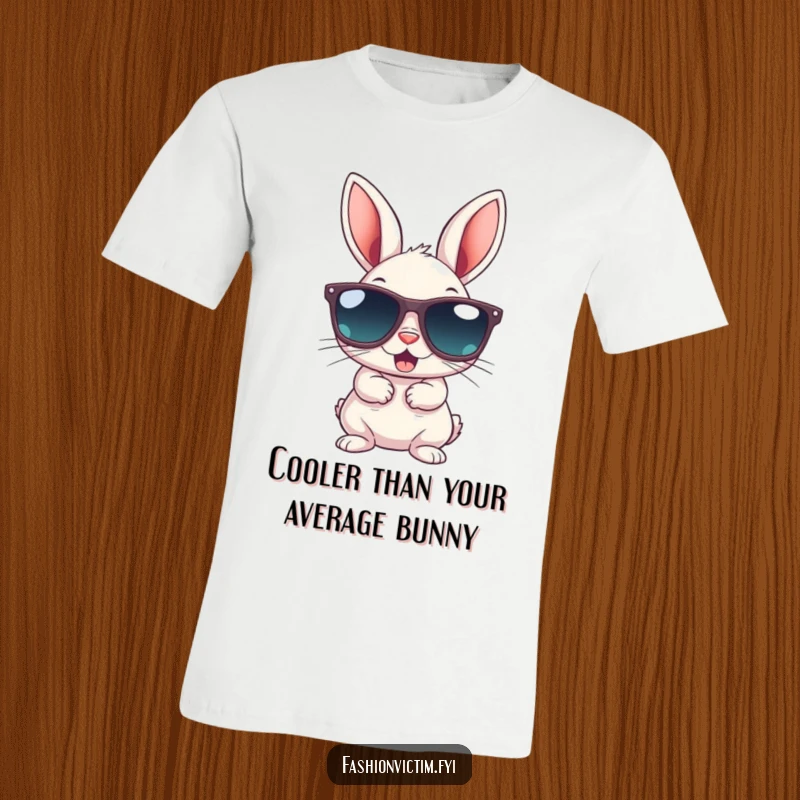 Funny t-shirt with a small bunny gleefully trying to wear enormous sunglasses; a humorous and cool statement for animal lovers.