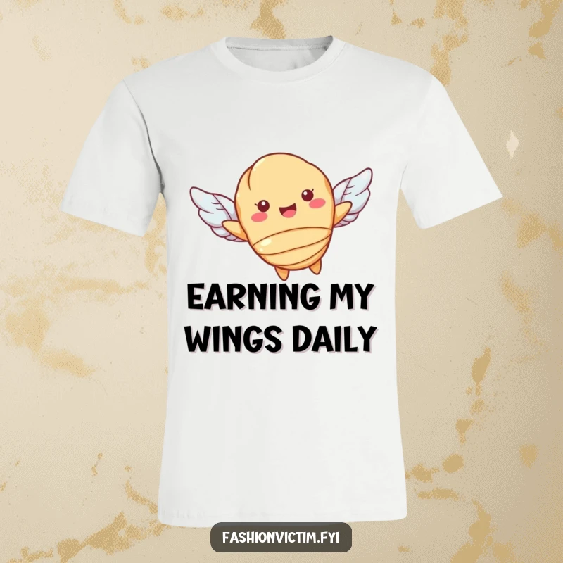 Funny t-shirt featuring a smiling croissant character with tiny wings, soaring through the air. A delightful and humorous pastry design.