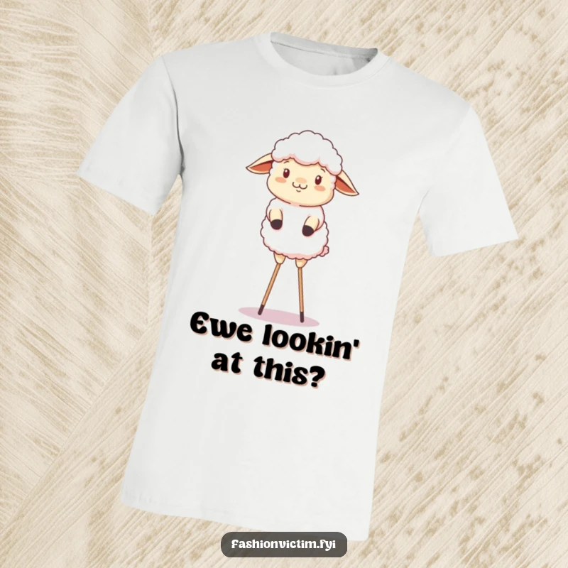 Funny t-shirt featuring a fluffy sheep comically attempting to balance on stilts, showing effort and humor.