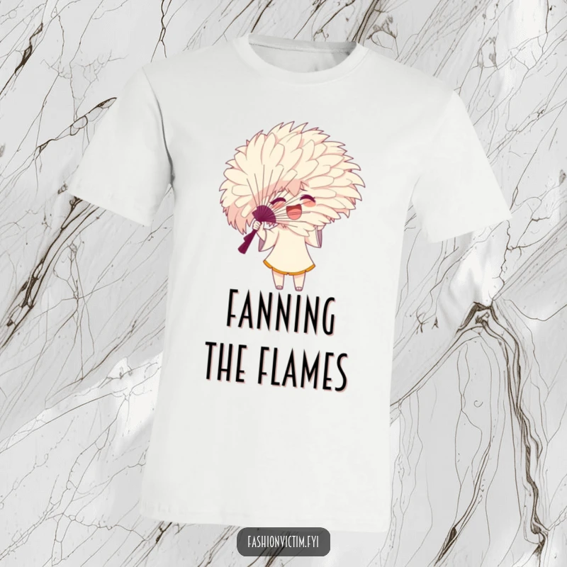 Funny t-shirt with an excited character using a huge, feathery fan to hide their face while gesturing.