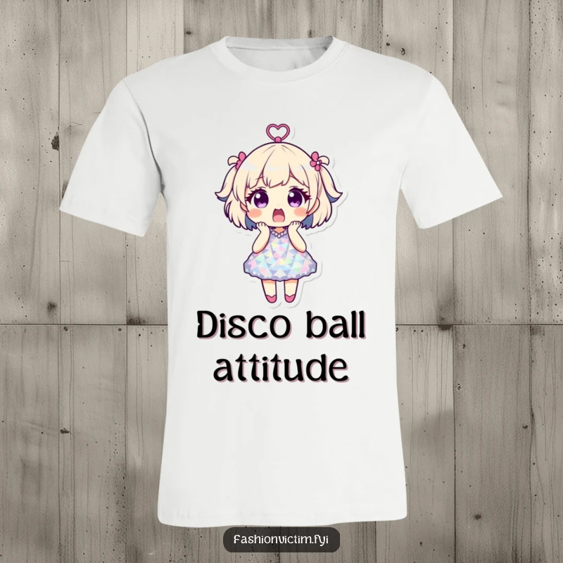 Funny t-shirt depicting a character with a shocked expression in a dress made entirely of disco balls, celebrating nightlife and humor.