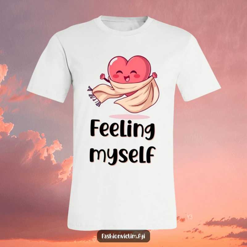 Funny T-Shirt of a stylized heart character spinning a flowing scarf, celebrating movement and joy with a smile.