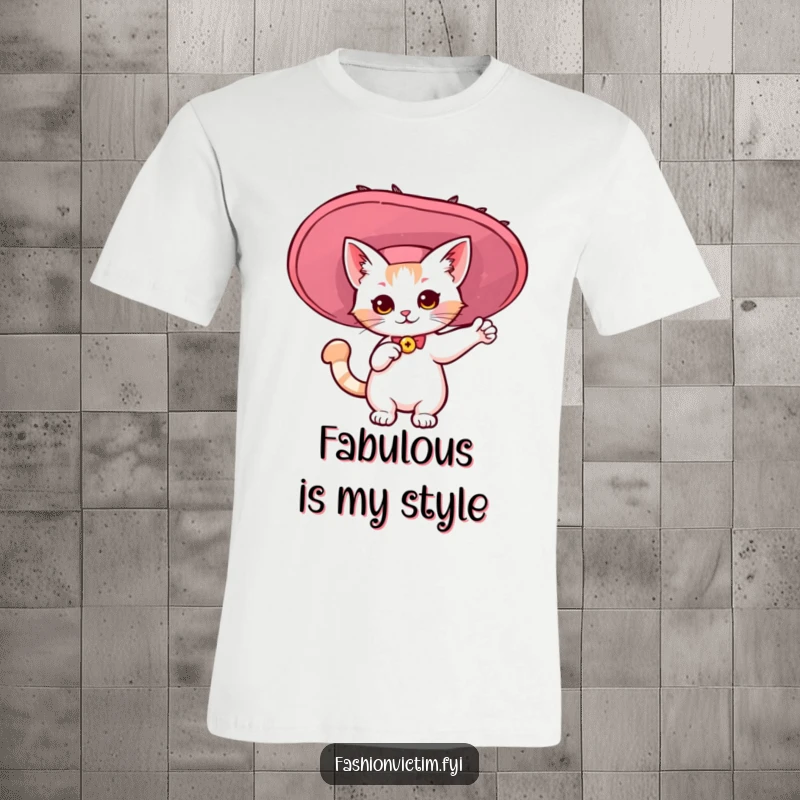 Funny t-shirt showcasing a kawaii cat in a dramatically large, flamboyant hat. A humorous fashion gift.