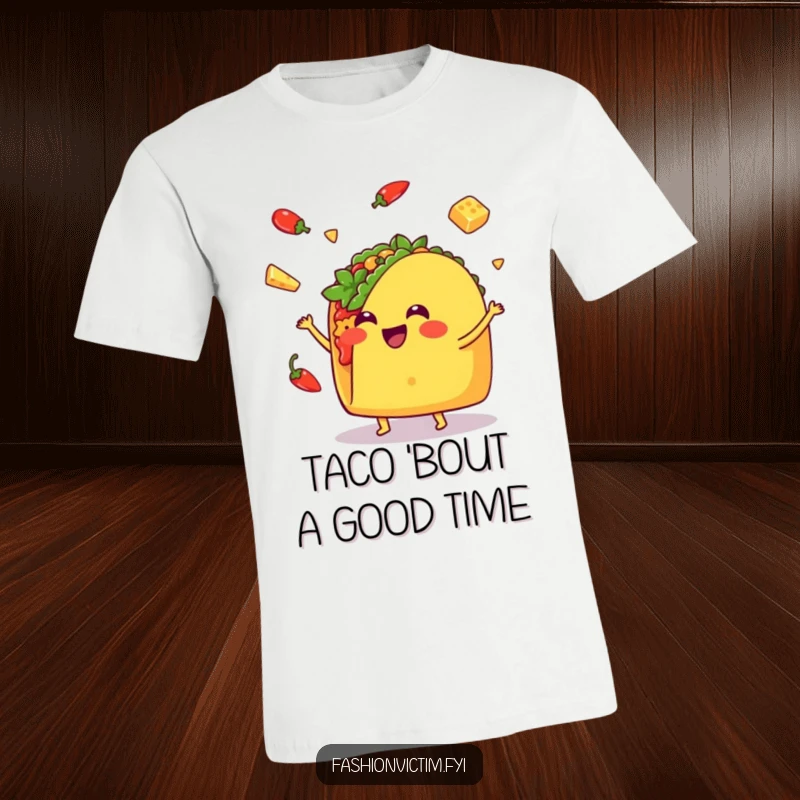 Funny Kawaii taco t-shirt, smiling and juggling peppers and cheese, a humorous and vibrant design for food enthusiasts.