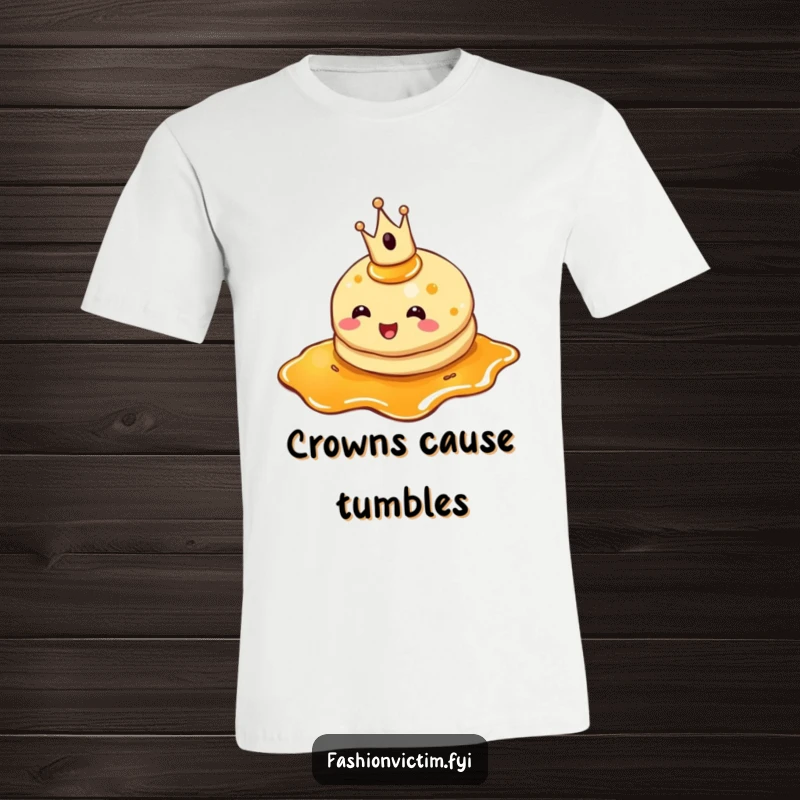 Funny pancake t-shirt, a cheerful pancake with a small crown, tripping in a syrup puddle, breakfast themed.