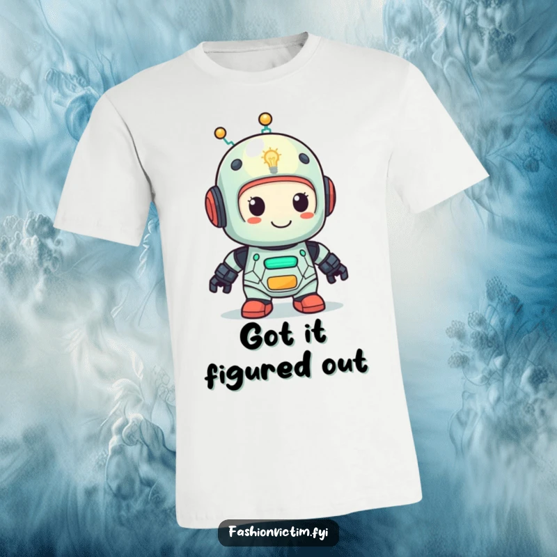 Funny t-shirt with a cute robot with a lightbulb head looking very pleased. Clever and humorous apparel.