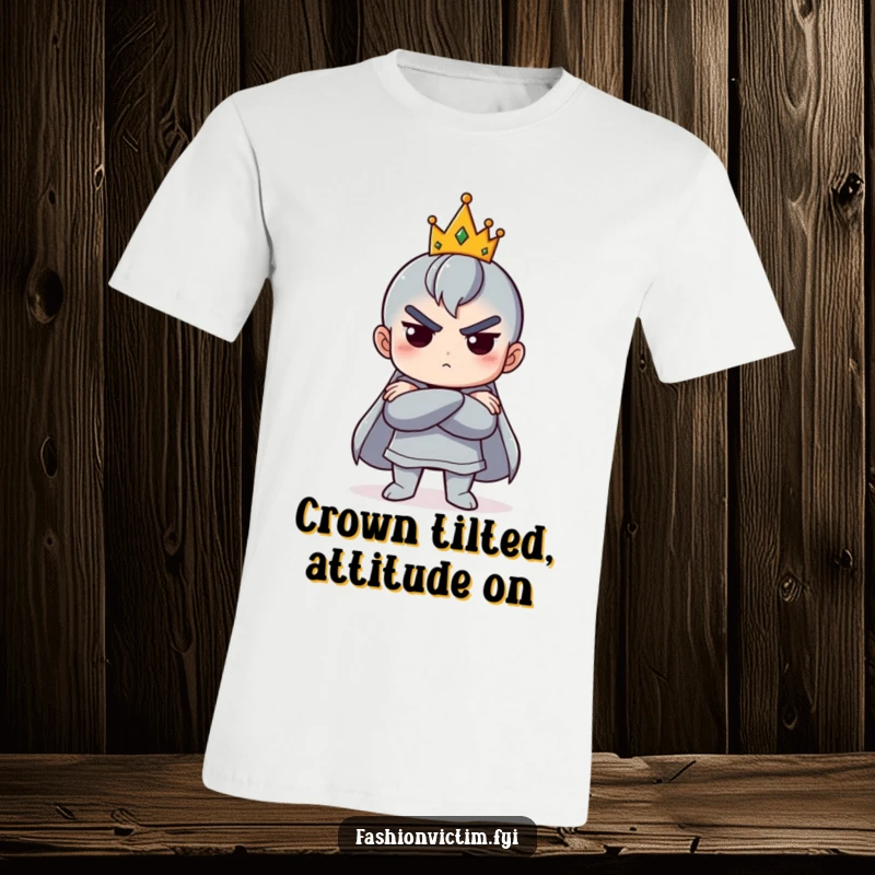 Funny t-shirt illustration of a character dramatically crossing their arms, sporting a tiny crown tilted slightly askew.