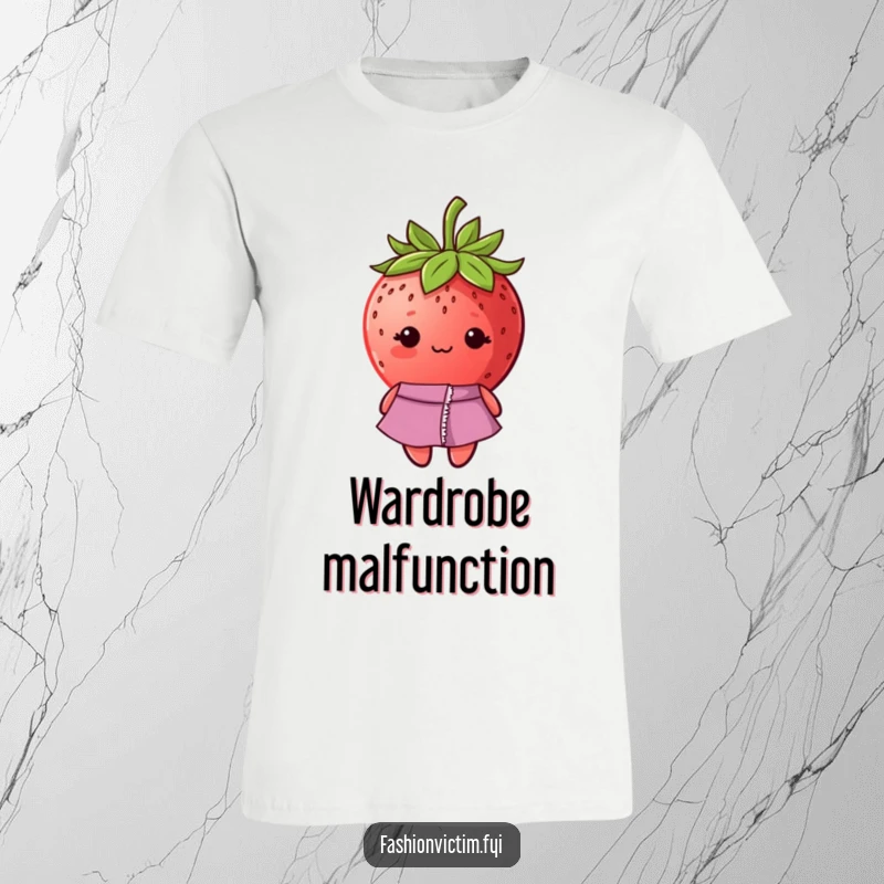 Funny t-shirt graphic of a shy strawberry with a ripped seam on its fashionable dress, looking bashful.