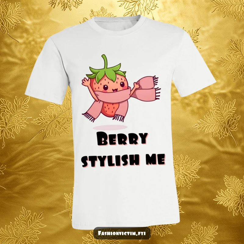 Funny t-shirt with a tiny strawberry excitedly waving a miniature stylish scarf. Cute and humorous apparel.