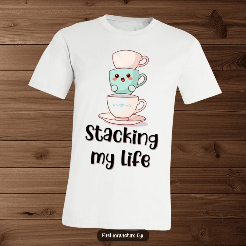 Funny teacup t-shirt, a bewildered teacup precariously balancing a tower of teacups, relatable struggle humor.