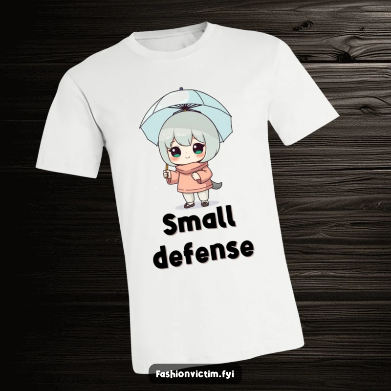 Funny t-shirt of a character posing confidently, wielding a comically tiny umbrella, symbolizing humorous bravery and stylish resilience against any odds.