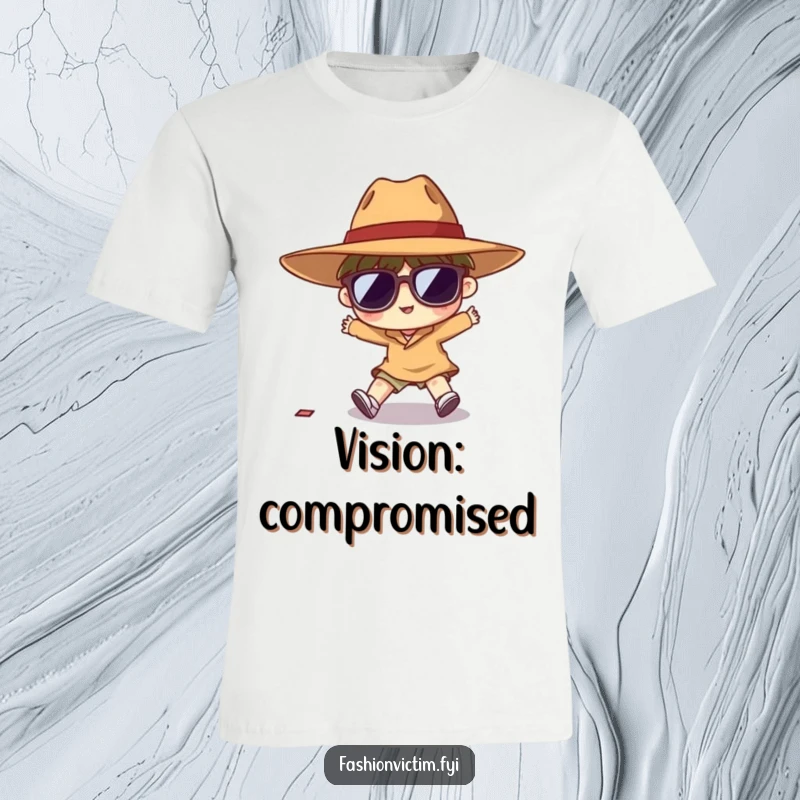 Funny t-shirt design of a tiny character comically tripping while sporting an enormous hat and ridiculously large sunglasses.