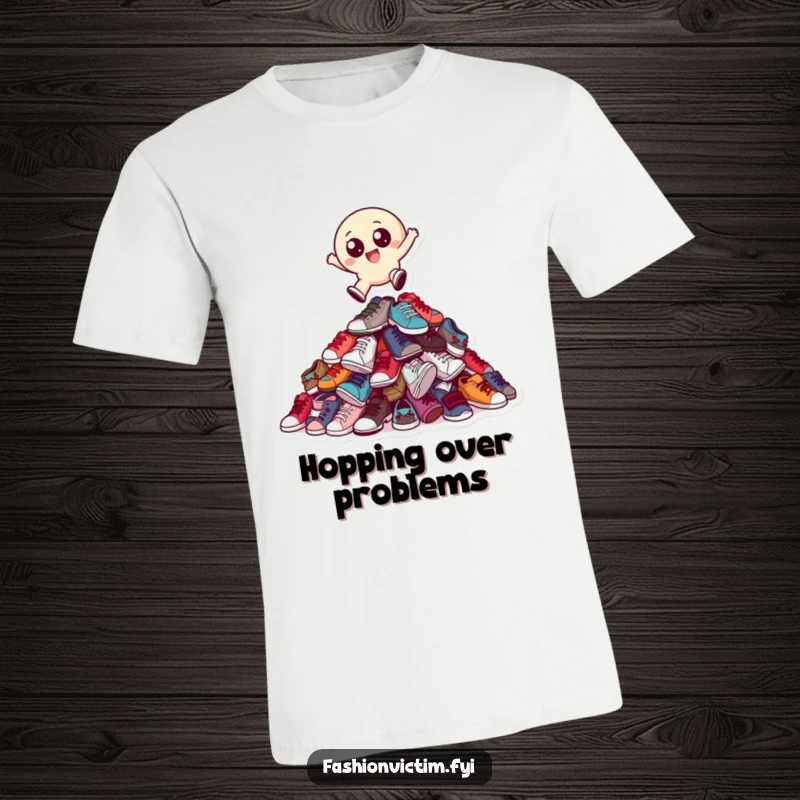 Funny t-shirt featuring a small, round character with big eyes joyfully leaping over a mountain of mismatched shoes.