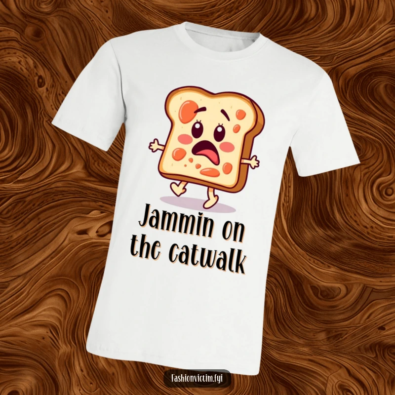 Funny t-shirt of a surprised toast slice with jam splotches, awkwardly walking a fashion runway.