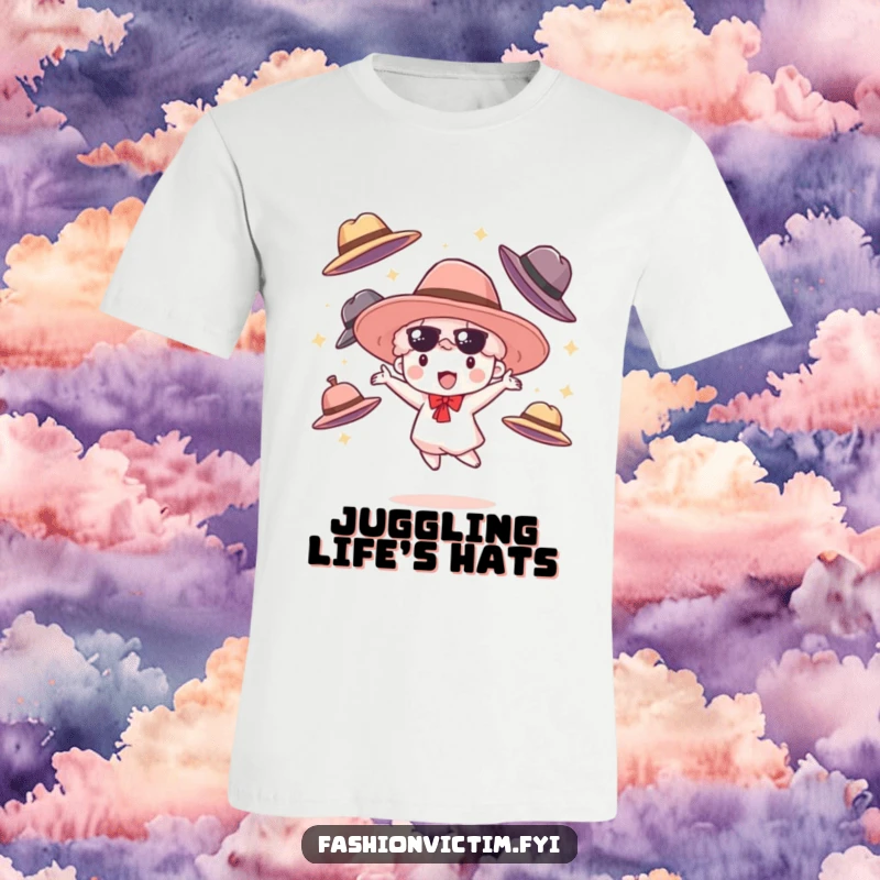 Funny t-shirt depicting a happy cloudburst character juggling large, fashionable hats with ease, a whimsical and humorous fashion statement.