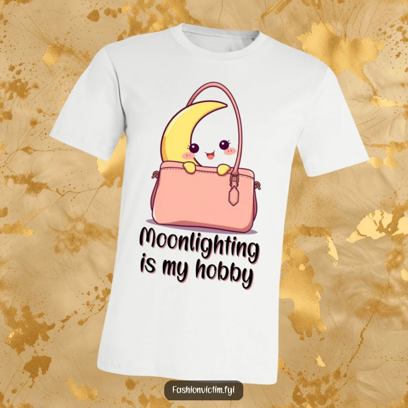 Funny happy crescent moon peeking coyly from behind a trendy handbag on this humorous and stylish graphic t-shirt.