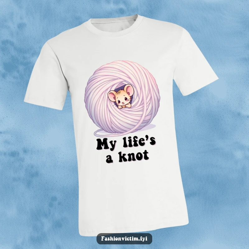 Funny mouse t-shirt, a tiny mouse comically tangled in a huge ball of shimmering yarn, looking confused.